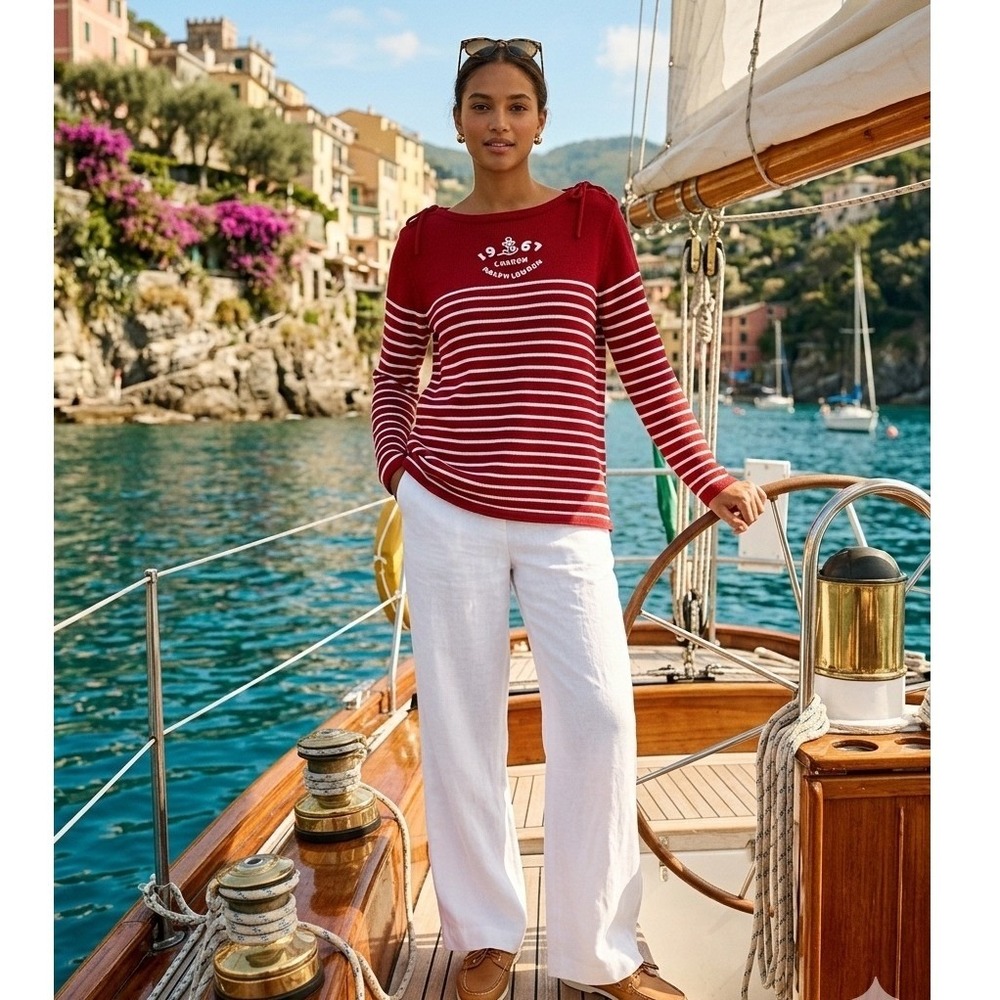 Lauren Ralph Lauren Women Sweater SZ XL Red Striped Nautical 100% Cotton Coastal
